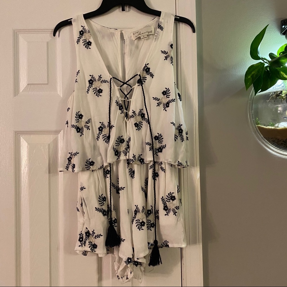 Vintage Havana Floral Embroidered Lace Up Romper White Black Small Flowy Layered